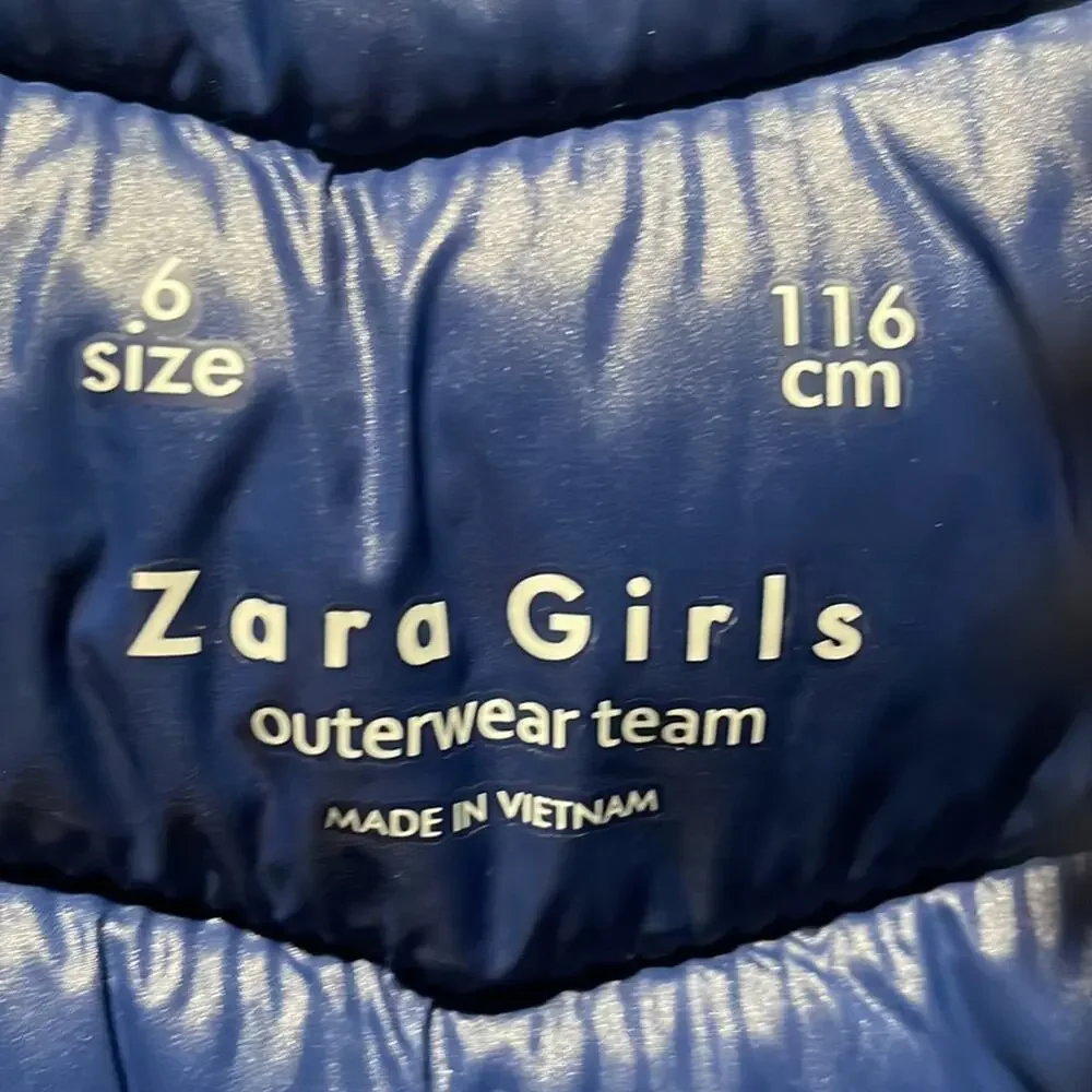 Zara girls 6 blue white floral front zip with pockets puffer jacket euc